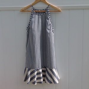 NICHOLAS Linen Nautical Stripe Ruffle Swing Mini Dress Grey White sz.2